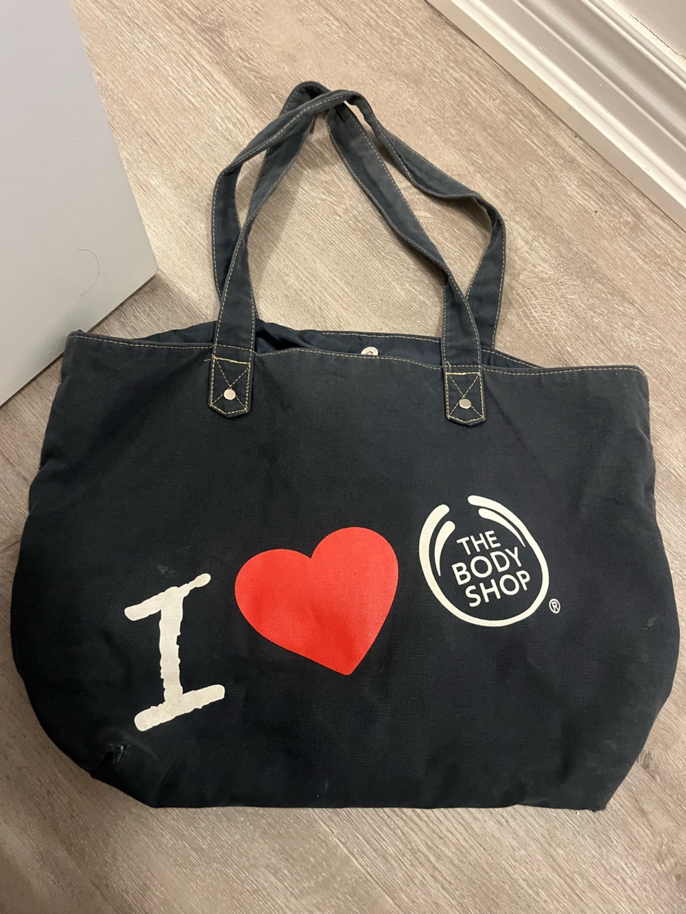 The Body Shop Black Tote with Red Heart Graphic